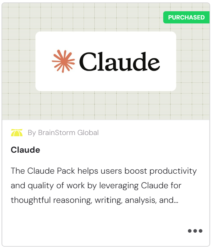 Claude content pack card in the BrainStorm marketplace