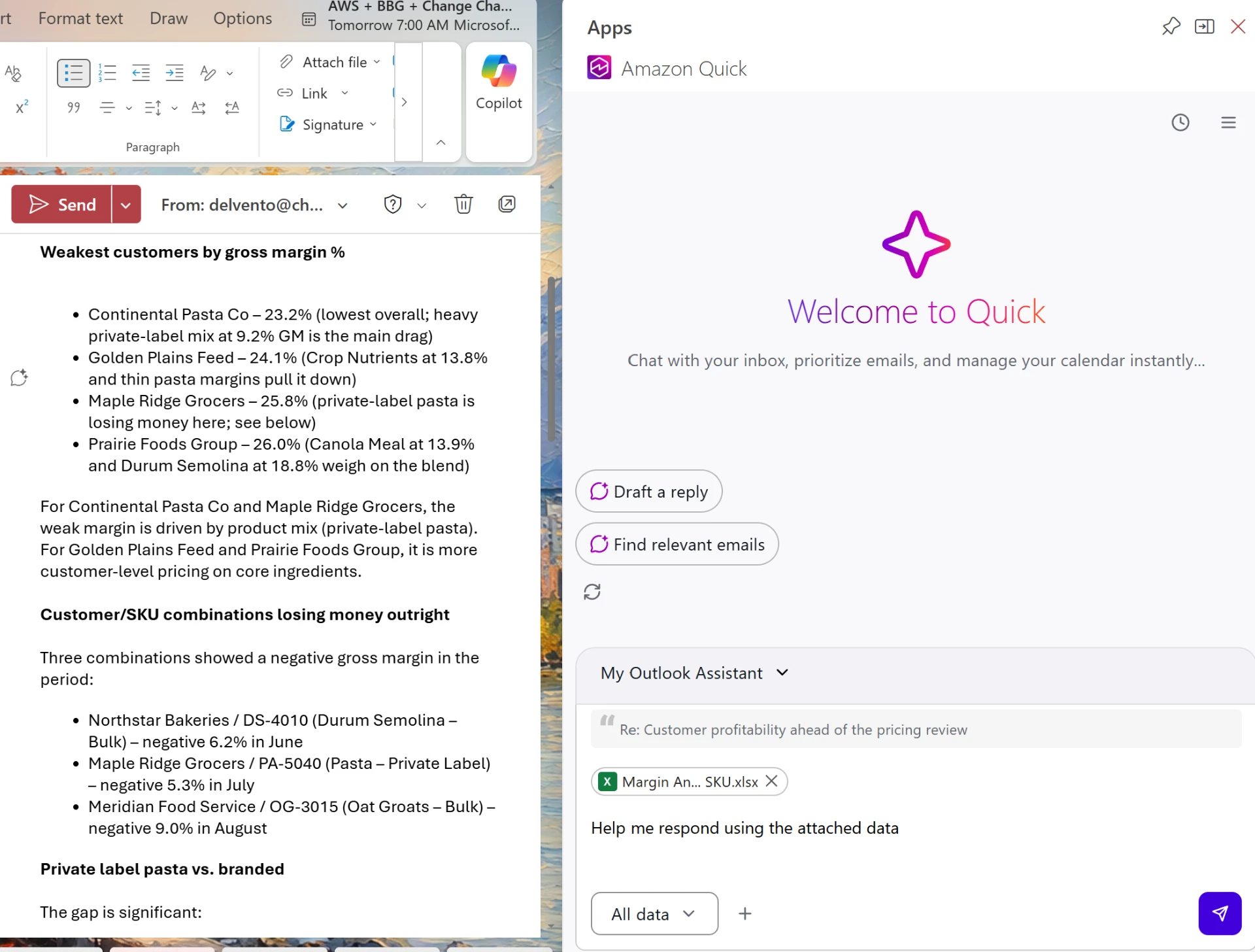 Amazon Quick drafting an Outlook reply grounded in spreadsheet data
