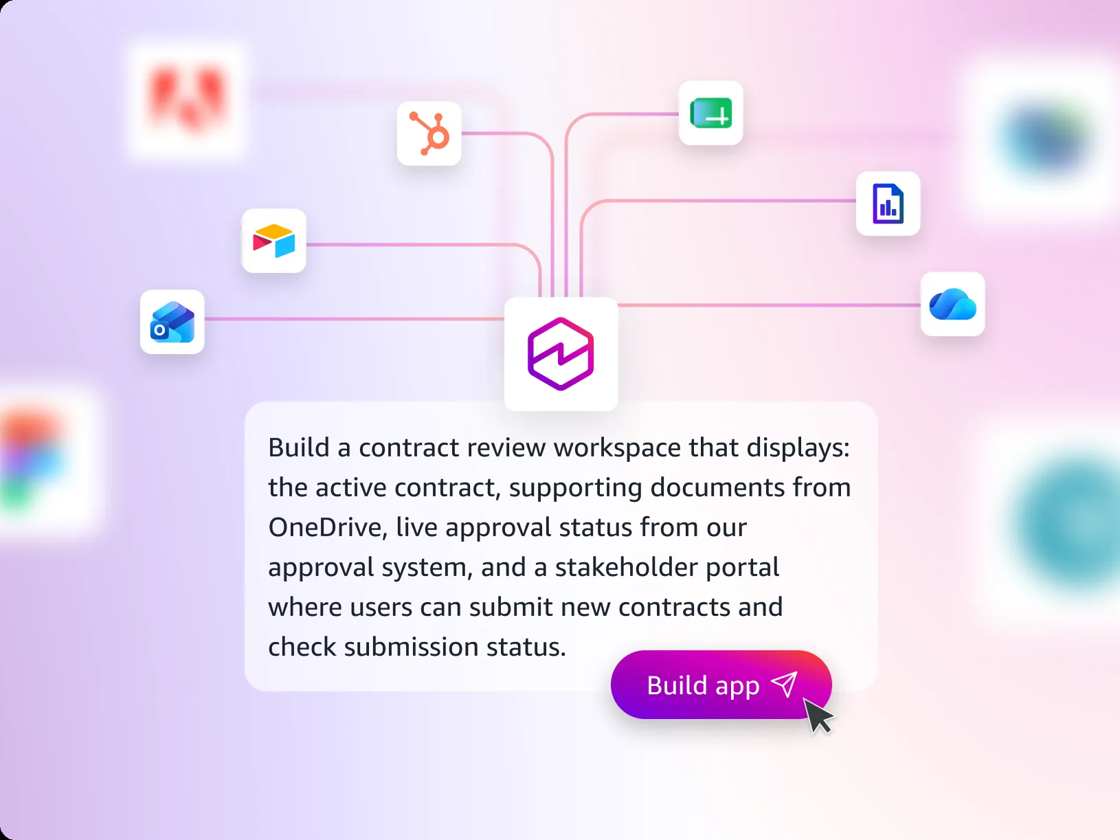 Illustrative Amazon Quick prompt for a contract review workspace connecting documents and approval status