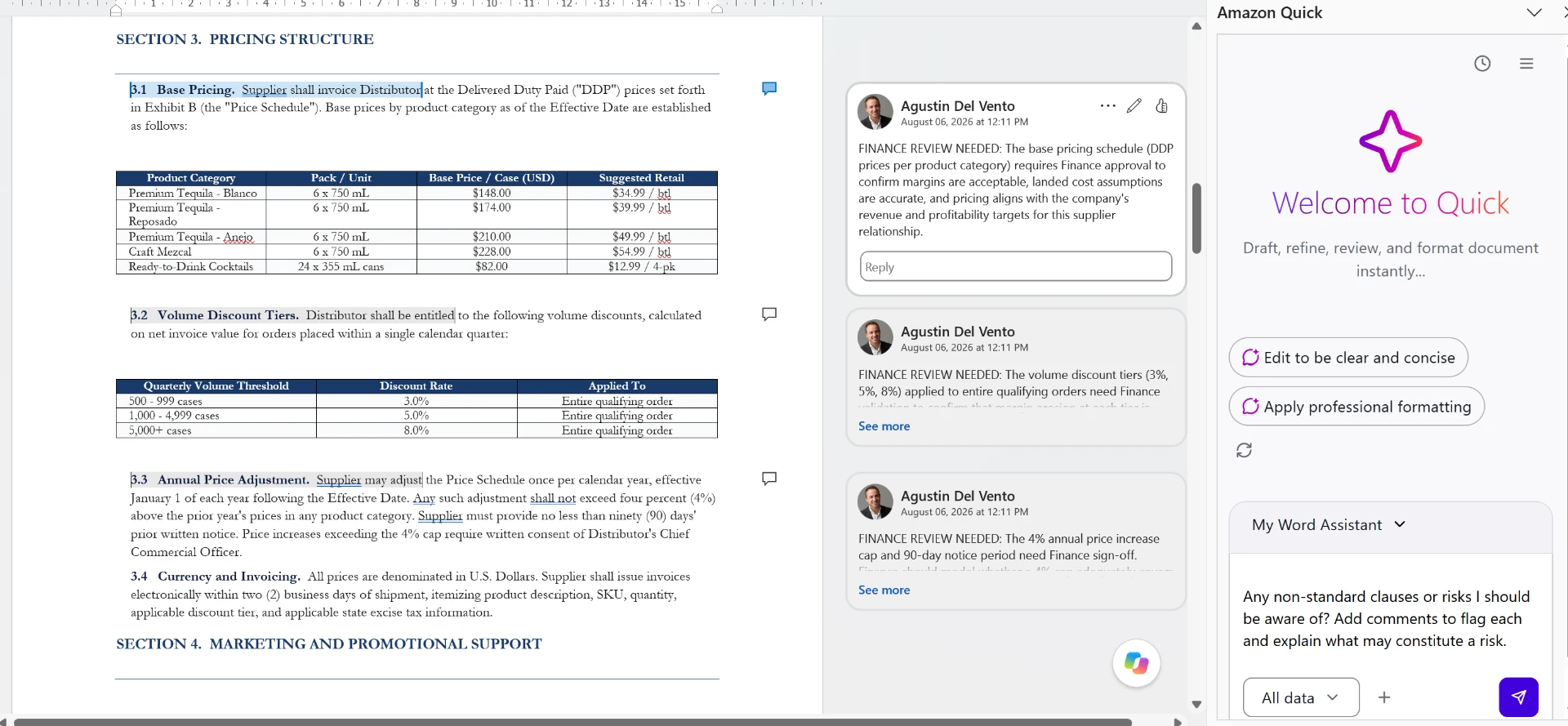 Word document with AI-generated comments flagging contract risks